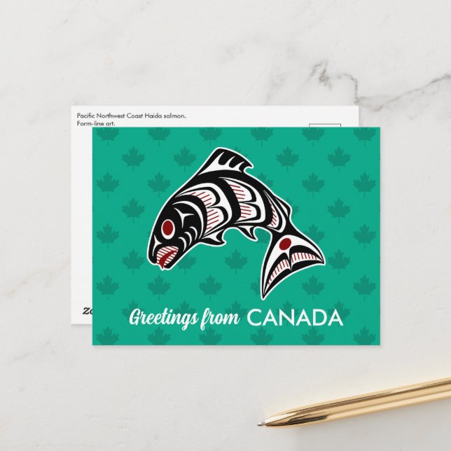 Carte Postale Saumon d'art amérindien Red Black Haida (Devant/Arrière en situation)
