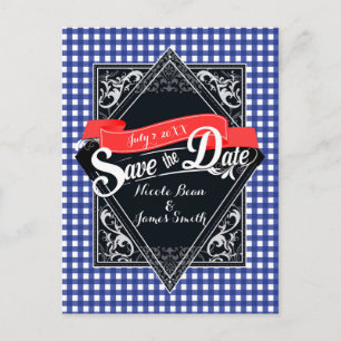 Carte Postale Sauver La Date Bleu À Carreaux Gingham Fiançailles