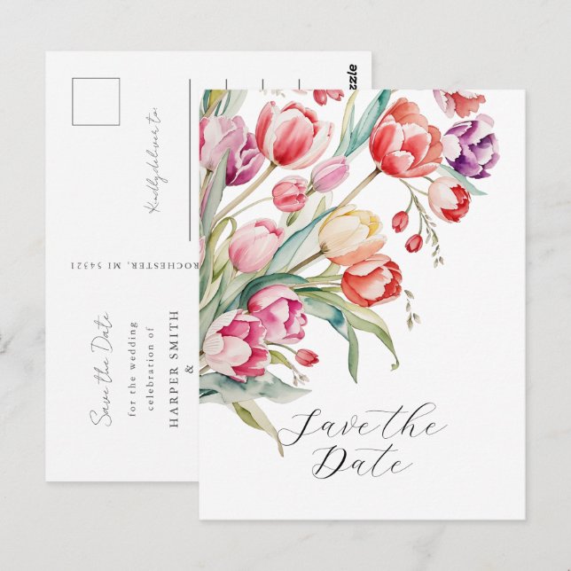 Carte Postale Sauvez la date des tulipes d'aquarelle de mariage  (Devant / Derrière)