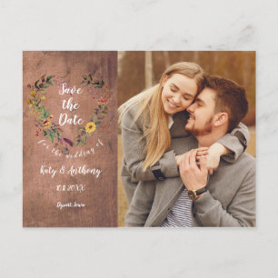 Carte Postale Sauvez la date Floral Heart Rustic Wood Photo