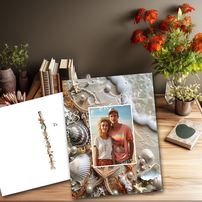 Carte Postale Sauvez la date Seashells Pearls Starfish Beach (Save the Date Postcard Beach, Tropical Wedding. )