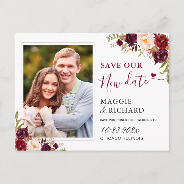 Carte Postale Sauvez notre nouvelle date Burgundy Red Floral pho (Devant)