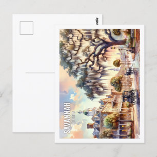 Carte Postale Savannah Géorgie USA Fameux Place aquarelle