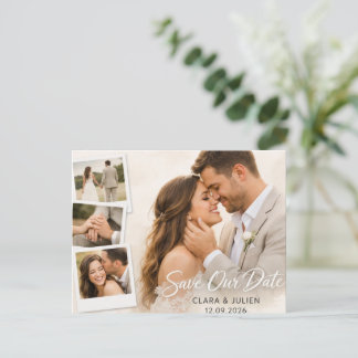 Carte Postale Save the Date Wedding Card Modern Script | 4 Photo