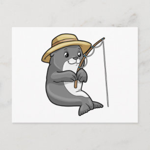 Carte Postale Sceau à la pêche avec bâtonnet de pêche et Casquet
