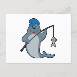 Carte Postale Sceau à la pêche avec bâtonnet de pêche et poisson