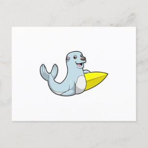 Carte Postale Sceau au surf avec Surfboard