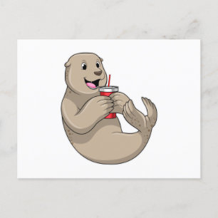 Carte Postale Sceau avec mug avec paille