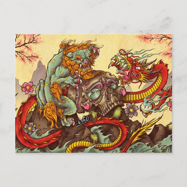Carte Postale Scène asiatique avec chien de foin et dragon (Devant)