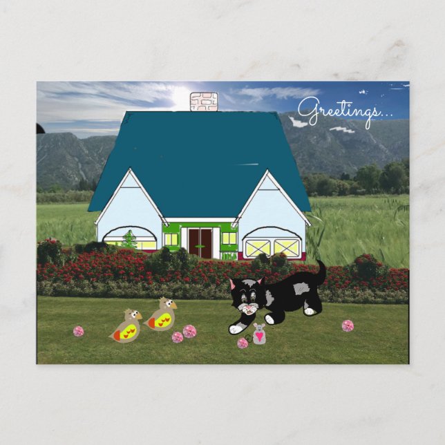 Carte postale scène de maisons avec des animaux (Devant)