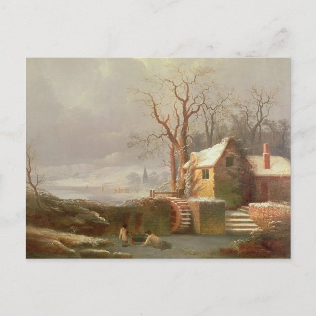 Carte Postale Scène de neige avec moulin et chalets (Devant)
