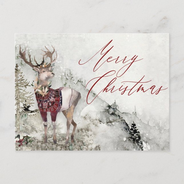 Carte Postale Scène de neige hivernale de cerfs rustiques Noël (Devant)