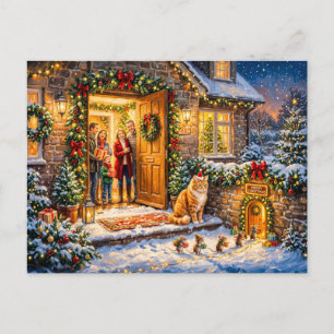 Carte Postale Scène de porte de Noël avec un chat et des souris