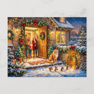 Carte Postale Scène de porte de Noël avec un chat et des souris