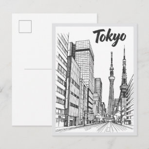 Carte Postale Scène de rue de Tokyo dessinée à la main monument