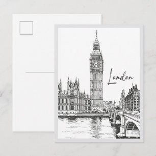 Carte Postale Scène de rue emblématique de Londres dessinée à la