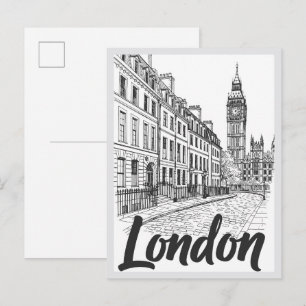 Carte Postale Scène de rue emblématique de Londres dessinée à la