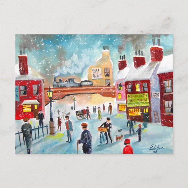 Carte Postale Scène de rue occupée train d'hiver peinture à l'hu (Devant)