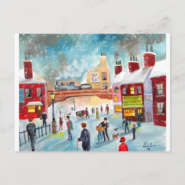 Carte Postale Scène de rue occupée train d'hiver peinture à l'hu (Devant)