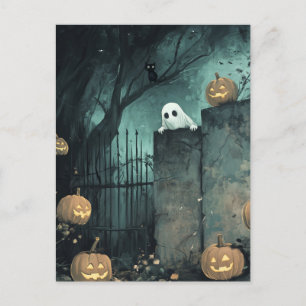 Carte Postale Scène d'Halloween avec fantôme et chat