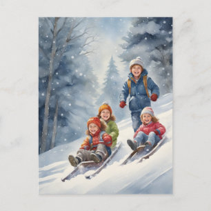 Carte Postale Scène d'hiver Toboggan pour enfants