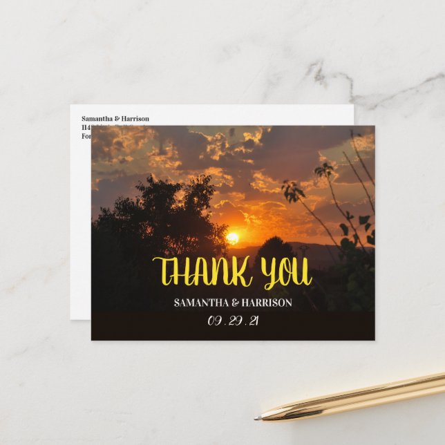 Carte Postale Scène du coucher du soleil, Merci Mariage rustique (Devant/Arrière en situation)