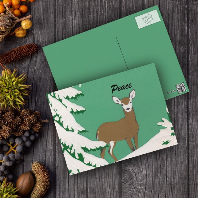 Carte Postale Scène hivernale de la neige de la rivière Peace De (Brown female deer white face in snow by pine tree on mint green postcard.)