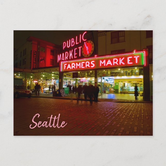 Carte Postale Scène nocturne Marché public de Seattle (Devant)
