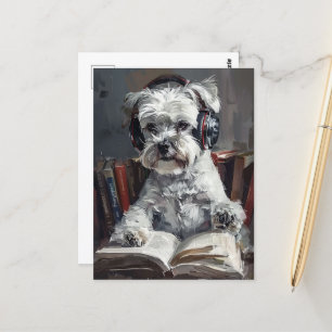 Carte Postale Schnauzer à l'écoute de la musique et de la lectur