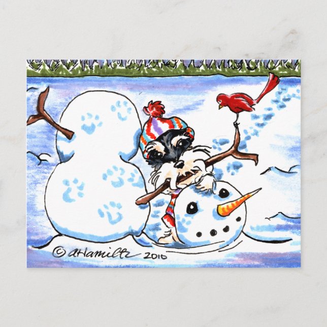 Carte Postale Schnauzer Building Snowman Off-Leash Art™ (Devant)