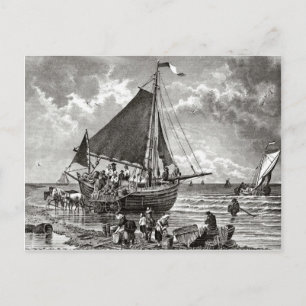 Carte Postale Schweningen du 19e siècle, déchargement d'un batea