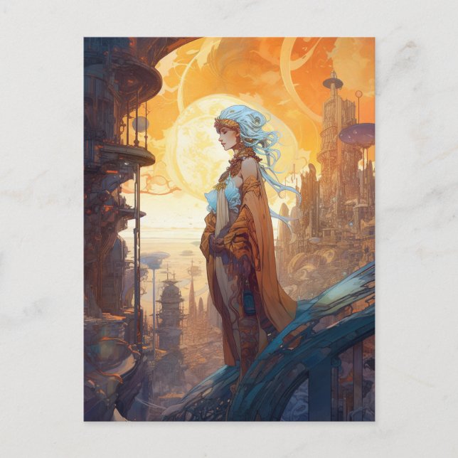 Carte Postale Science Fiction Ville Paysage Lady Sci Fi (Devant)