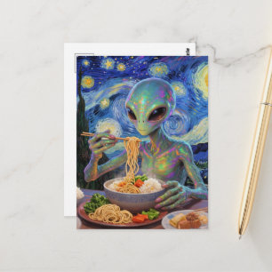 Carte Postale Scifi Alien Bleu Mangeant des Nouilles et des Légu
