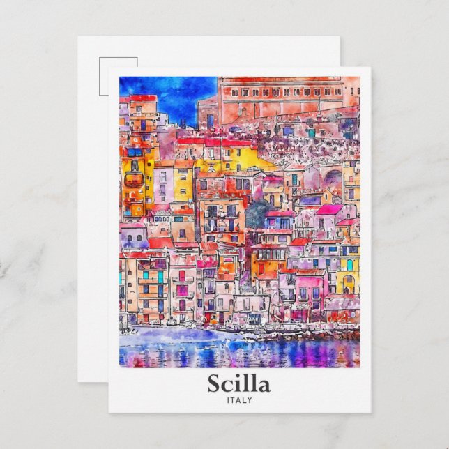 Carte Postale Scilla Italie Voyage Aquarelle main tirée (Devant / Derrière)