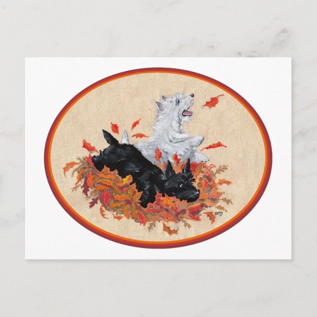 Carte Postale Scottie & Westie Fallen Feuille (Devant)