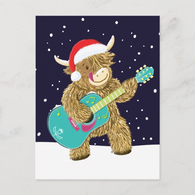 Carte Postale Scottish Highland Cows Joue Une Guitare De Noël (Devant)