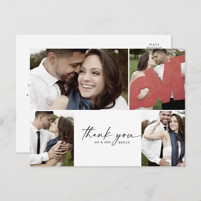 Carte Postale Script 4 Photo Collage Wedding Thank You (Devant / Derrière)