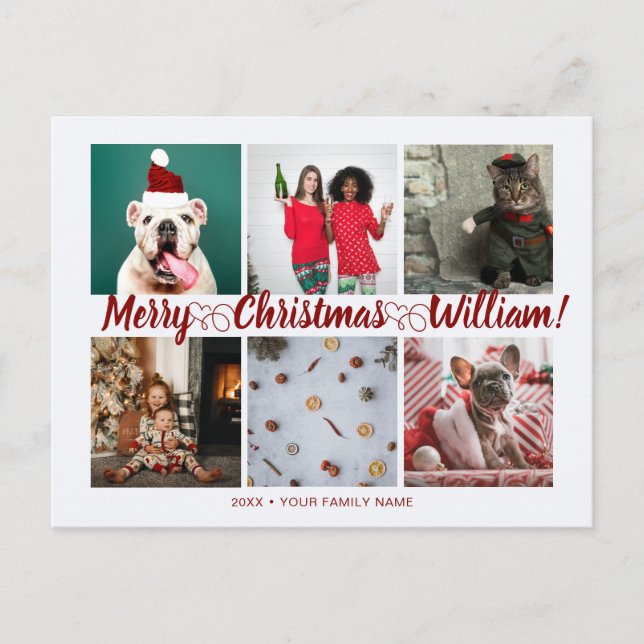 Carte Postale Script avec coeur Joyeux Noël 6 photos nom (Devant)