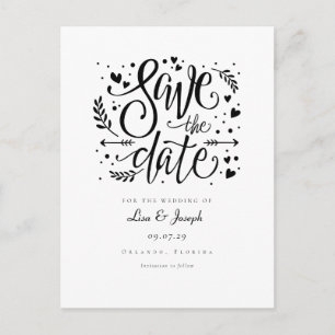 Carte Postale Script Black and White Hearts Enregistrer la date