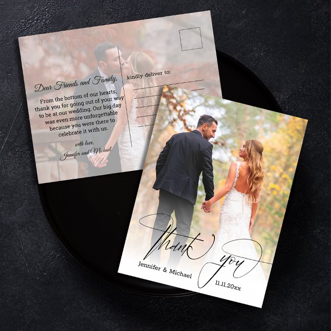 Carte Postale script chic moderne merci 2 photos mariage (Créateur téléchargé)