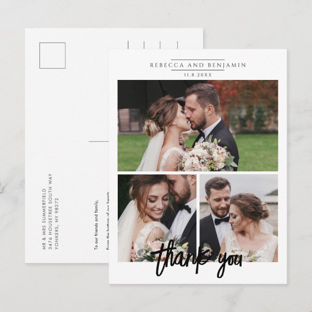 Carte Postale Script de collage de photos de mariage Merci (Devant / Derrière)