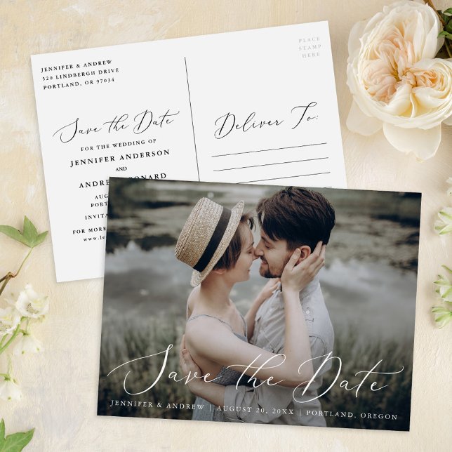 Carte Postale Script Delicate Photo Wedding Enregistrer La Date (Créateur téléchargé)