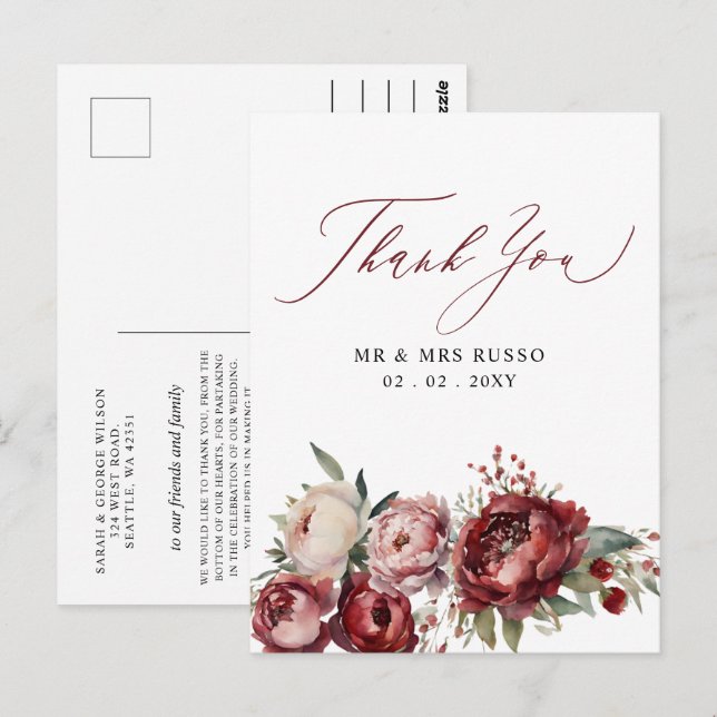 Carte Postale Script élégant Burgundy Blush Floral Merci (Devant / Derrière)