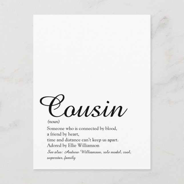 Carte Postale Script Élégant de définition de cousine (Devant)