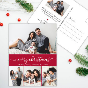 Carte Postale Script élégant Famille Photo Collage Rouge Noël