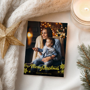 Carte Postale Script Gold Foil Photo Snowflon Noël