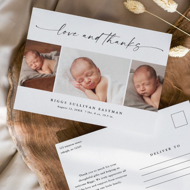 Carte Postale Script Love and Thanks Photo Baby Thank You  (Modern script love and thanks 3 photo collage baby thank you announcement postcards.)