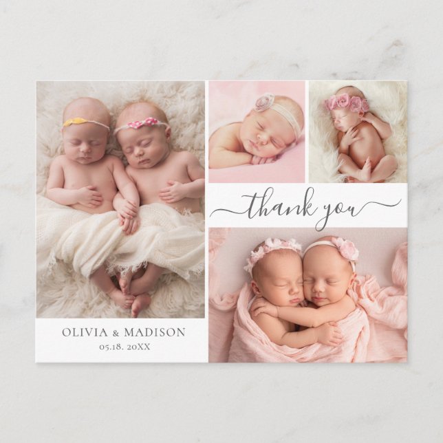 Carte Postale Script moderne 4 Photo Girl Twins Baby Merci (Devant)