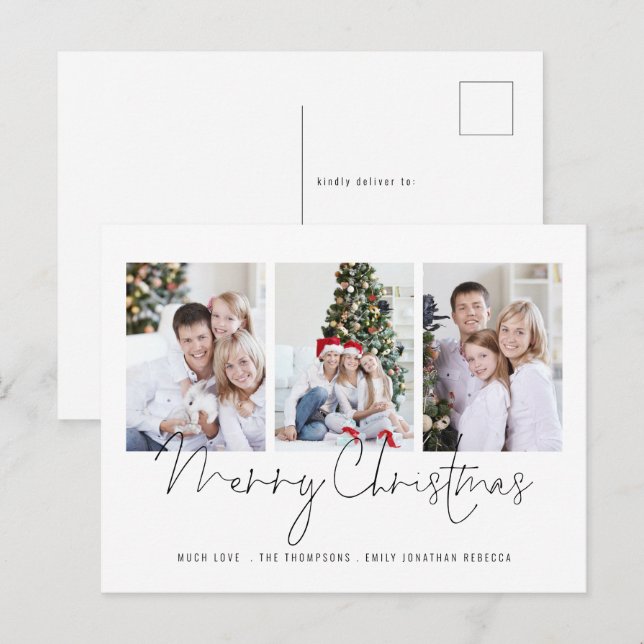 Carte Postale Script moderne Famille 3 Photos Joyeux Noël (Devant / Derrière)