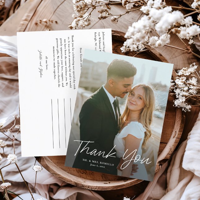 Carte Postale Script moderne Mariage photo simple Merci (Modern script photo wedding thank you postcard.)